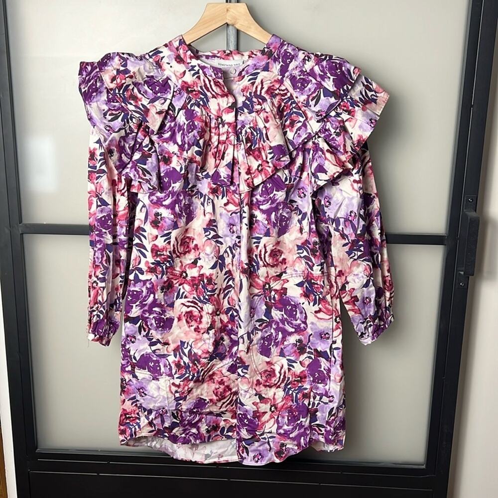 NWT Something Navy FLORAL PRINT RUFFLE SHIFT DRESS IN PURPLE COMBO Size XS